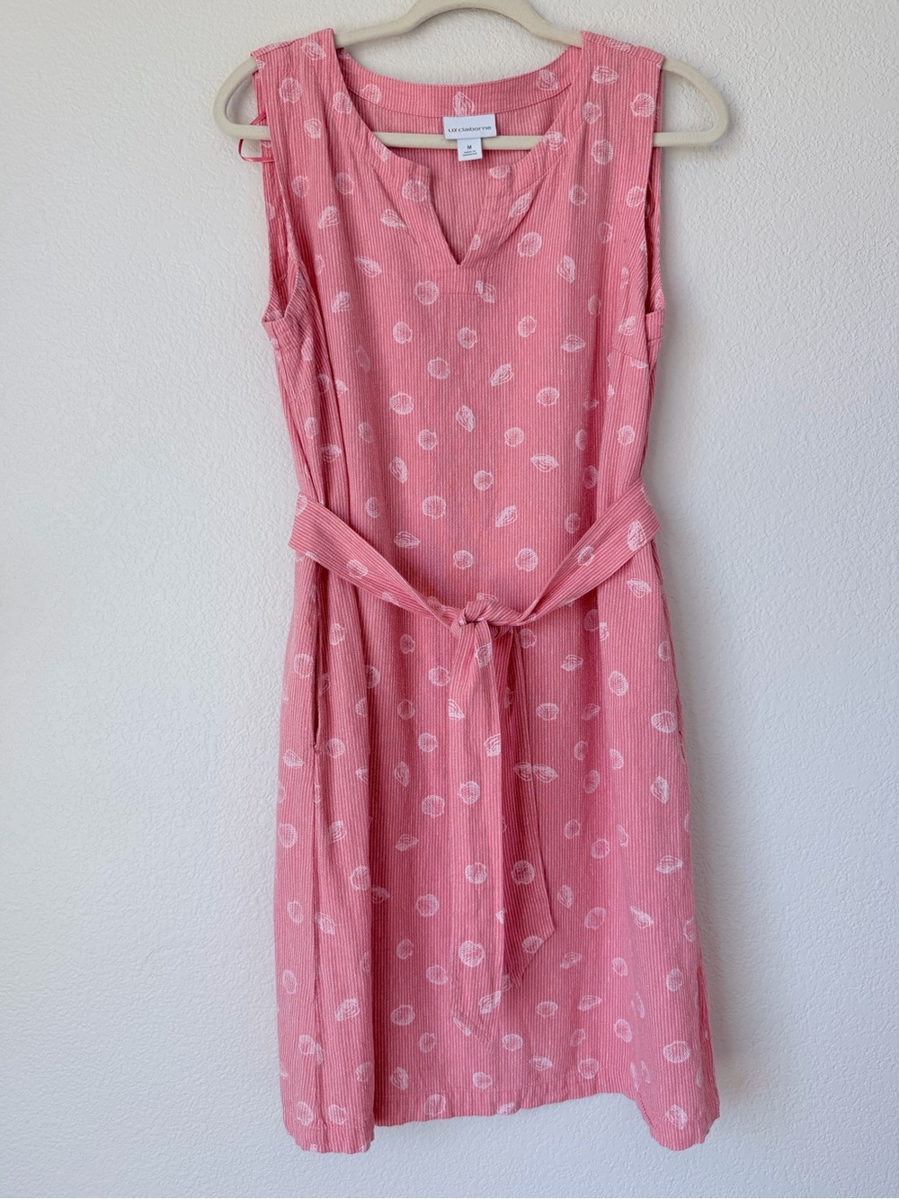 Liz Claiborne Pink Seashell Print Linen Blend Belted Midi Dress Size M